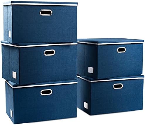 PRANDOM Extra Large Collapsible Storage Bins with Lids [5-Pack] Linen Fabric Foldable Storage Baskets Boxes Organizer Containers Cube with Cover for Bedroom Closet Office Nursery (22.8x15.75x13.8) by Prandom