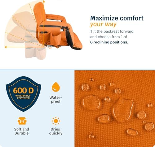 Alpcour Heated Reclining Stadium Seat for Bleachers – Wide Bleacher Chair with Back Support and Cushion, Armrests, Side Pockets, & Hook – Stadium Seats Chairs for Camping, Kayak, Paddle Board & More - Image 6
