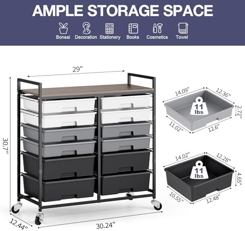 TOOLF 12 Drawers Rolling Storage Cart with Wooden Top for Classroom,Grey - Image 3