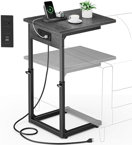 Vagusicc C Shaped End Table with Charging Station, 33" Tall Side Table for Couch, Adjustable Height C Table End Table, Couch Table Slide Under Sofa Table TV Tray Table for Living Room, Gray Walnut by Vagusicc