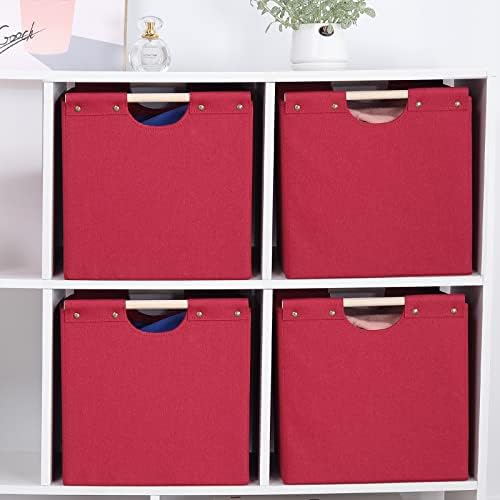 HOONEX Large Collapsible Storage Bins, Linen Fabric, Pack of 2, Storage Baskets with Wooden Carry Handles and Sturdy Heavy Cardboard, for Home, Office, Car, Nursery, Red - Image 3