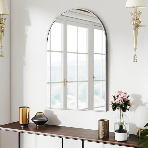 36x24 Bathroom Mirror Arch Wall Mounted/Against Aluminum Frame Silver by SCWF-GZ