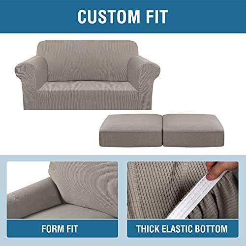H.VERSAILTEX 3 Piece Stretch Sofa Covers for 2 Cushion Loveseat Couch - Thicker Jacquard Fabric (Medium Sofa, Taupe) - Image 4