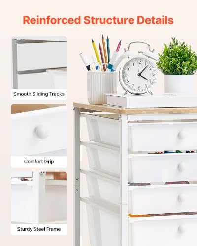 VEVOR Rolling Cart with Drawers, 5 Drawer Storage Organizer, Mobile Utility Cart with Wood Top, Steel Frame, Universal Casters & 2 Brakes, for Office, Classroom, Craft Supplies, Bedroom, Makeup, White - Image 5