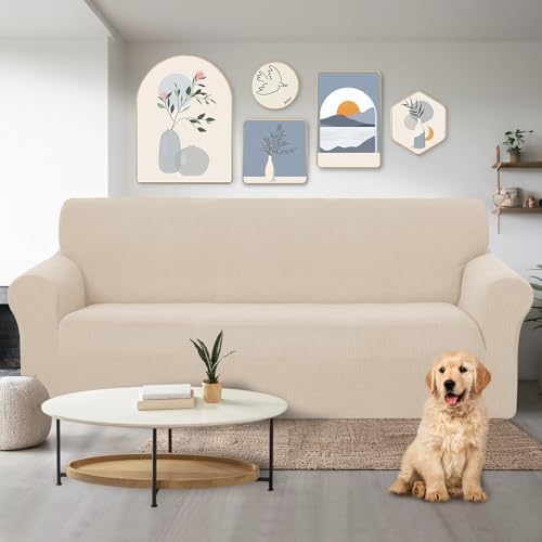U-NICE HOME Stretch Couch Cover Slipcover for 3 Cushion Sofa, Beige - Image 2