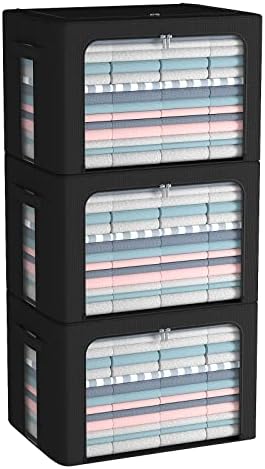 CYhom 3Pack Frame Storage Box - Clothes Storage Bin Bags Oxford Fabric Foldable Stackable Container Organizer Set with Clear Window & Carry Handles (Black, Large-66L) by CYhom