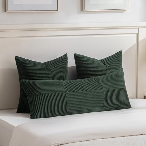 Fancy Homi Set of 2 Dark Green Boho Long Lumbar Body Decorative Throw Pillow Cover 14x36 Inch for Bed Couch Bedroom Bench, Soft Patchwork Corduroy Textured Pillow Case, Rustic Farmhouse Room Decor - Image 2