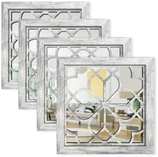 Set of 4 14 Inch Square Grey Window Pane Wall Mirrors, Shatterproof Rustic Farmhouse Boho Vintage Decorative Mirrors for Living Room Bedroom Bathroom Entryway by HMANGE
