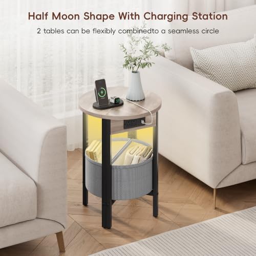 Vagusicc Round Side Table with Charging Station, Round End Table with Fabric Basket, Accent Table Coffee Table, Set of 2 Half Moon Tables, Bedside Table, Modern LED Nightstand for Living Room, Grey - Image 6