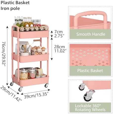 Sywhitta 3-Tier Plastic Rolling Utility Cart with Wheels for Storage, Pink - Image 2