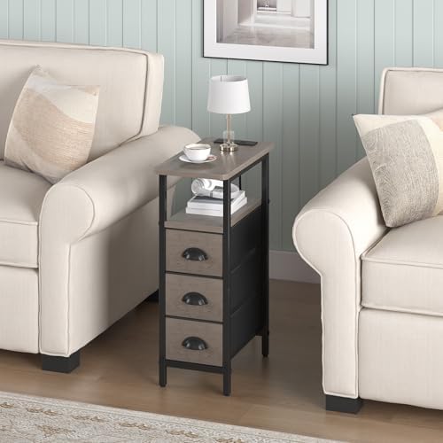 shtmec Narrow End Table Set of 2 with Charging Station, Side Tables Set 2 with Fabric Drawers, Small Bedside Tables Nightstands for Small Space, Slim Sofa Couch Table for Livingroom, Grey - Image 2