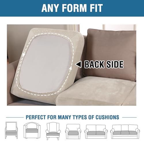 H.VERSAILTEX Velvet Stretch Couch Cushion Cover Plush Cushion Slipcover for Chair Loveseat Sofa Cushion Furniture Protector Seat Cushion Sofa Cover (3 Piece Sofa Cushion Covers, Ivory) - Image 5