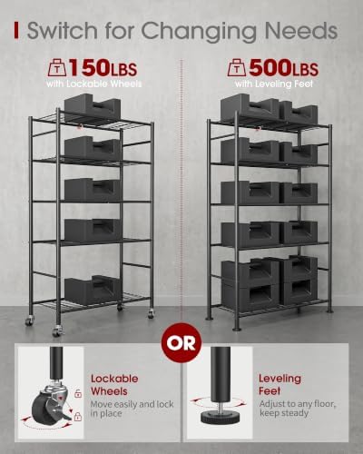 Sakugi 5-Tier Storage Shelves 33.1" x12.6" x73.5" Black with Wheels - Image 4
