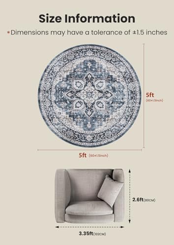 AMADA HOMEFURNISHING Round 5ft Area Rugs, Low-Profile Washable Rug with Non-Slip Backing & Durable Edge Binding, Vintage Rugs for Living Room, Bedroom, Dinning Room - Image 2