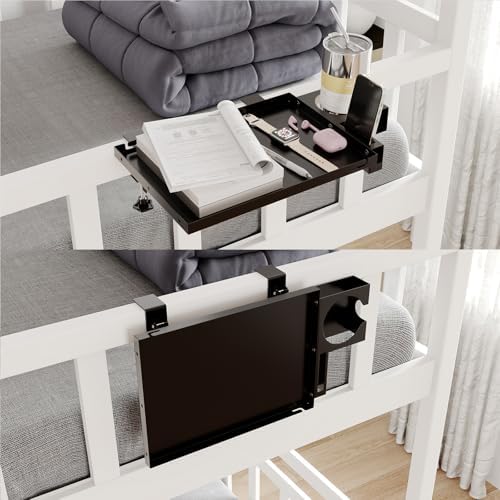 Metal Bedside Shelf Table Tray with Cup Holder, Foldable Bed Side Table for Bunk Bed & Top Bunk, College Dorm Room Essentials for Guys & Girls, Clip-on Laptop Nightstand for IKEA Beds, Black by AmzAgeHomeKitchen
