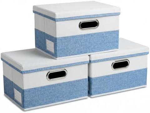 PRANDOM Storage Bins with Lids [3-Pack] Linen Fabric Foldable Storage Boxes Organizer Containers Baskets Cube with Cover for Bedroom Closet Office Blue&White（11.4X8.6X6.7 by Prandom