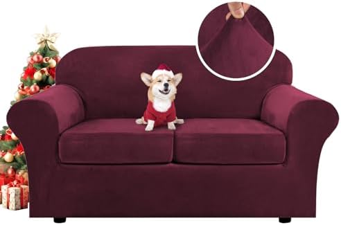 H.VERSAILTEX Real Velvet Plush 3 Piece Stretch Sofa Covers Couch Covers for 2 Cushion Couch Loveseat Covers Width Up to 72 Inch Feature Thick Soft Stay in Place (Medium Sofa, Burgundy) by HVERSAILTEX