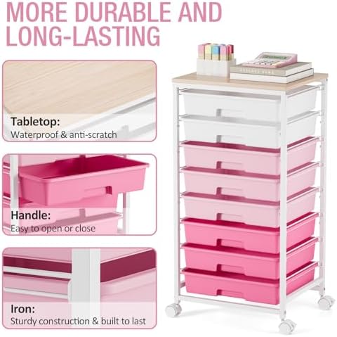 TOOLF Rolling Storage Cart with 8 Drawers,Rose Pink - Image 6