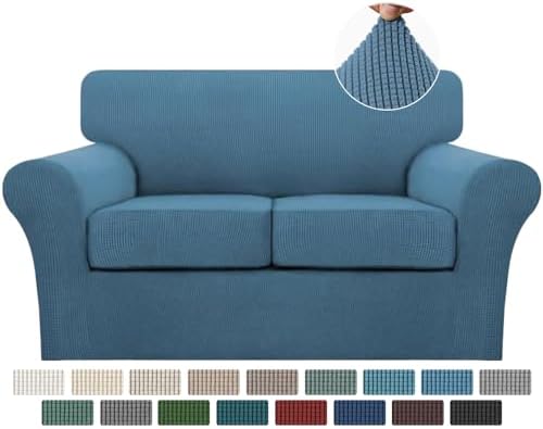 Turquoize 3 Piece Sofa Covers For 2 Cushion Couch Sofa Slipcover Soft Couch Cover For Dogs-Washable Sofa Furniture Covers With 2 Individual Cushion Covers, Thick Jacquard Fabric (Loveseat, Dusty Blue) by Turquoize