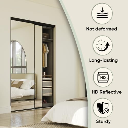 JUBEST 48x80 Mirrored Closet Door, 2-Panels Steel Frame Sliding Mirror Door Top & Bottom Track Kits, One Side Full-Sized Mirror with Safety Backing, Easy to Install, Black - Image 6