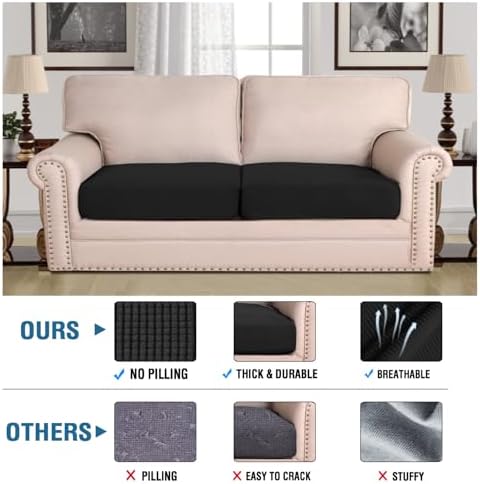 H.VERSAILTEX Super Stretch Individual Seat Cushion Covers Sofa Covers Couch Cushion Covers Slipcover Sets Thick Jacquard Textured Twill Fabric (2 Piece Large Sofa Cushion Covers, Black) - Image 2