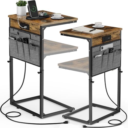 Vagusicc C-Shaped End Table Set of 2, Adjustable Height Side Table for Couch with Charging Station, Tall C Table Slide Under Sofa Table, TV Tray for Living Room, Bedroom, Bedside, Small Space, Brown by Vagusicc