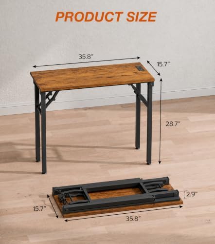 XBurmo Small Folding Desk Folding Table, No Assembly Foldable Desk Gaming Desk, 35.8-Inch Computer Table Workstation with 2 AC Outlets and 2 USB Ports for Bedroom and Home Office, Rustic Brown - Image 2