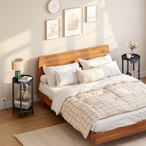 HOOBRO Small Round Side Table with Charging Station, 2-Tier Round Bamboo End Table, Compact Sofa Bedside Table for Small Space, Easy Assembly, for Living Room, Bedroom, Apartment, Black BB156UBZ01 - Image 6