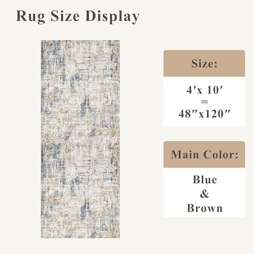 4x10 ft Extra Wide Hallway Rug – Non-Slip Washable Rubber-Backed Large Carpet Runner for Kitchen, Entryway | Modern Abstract, Low-Pile Thin Floor Mat for Bedroom Living Room Dining Room(Blue Brown) - Image 2