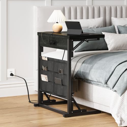 Folding C Table with Charging Station, C Shaped End Table, Sofa Tv Tray Table, Folding Side Table for Sofa, Couch Table with Storage Bag for Living Room, Bedroom Black SC-005B - Image 4