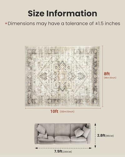 AMADA HOMEFURNISHING Washable Area Rug, Low-Profile Large Area Rug with Non-Slip Backing & Durable Edge Binding, Vintage Large Rugs for Living Room, Bedroom, Dinning Room, 8x10, Grey/Beige - Image 2