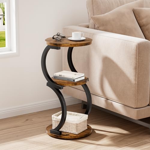 Small Side Table, 3-Tier Round End Table for Small Spaces, Rustic Brown - Image 2
