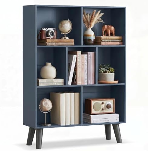 YAHARBO Blue Bookshelf,3 Tier Book Shelf with Legs, 7 Cube Minimalist Bookcase,Storage Organizer Shelves Display Bookcases for Bedroom,Living Room by YAHARBO