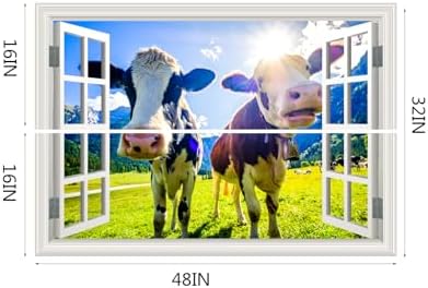Fake Window Wall Decal - Funny Peeking Farm Cow Grassland Scene Art Sticker | ｜Faux Window Natural Scenery Landscape Mural ｜ Stick and Peel Wall Decals｜Room Bedroom Office Decor｜48"x32",Set of 2 Sheets - Image 4