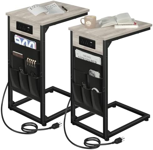 AMHANCIBLE C Shaped End Table with Charging Station, TV Trays, Set of 2 by AMHANCIBLE