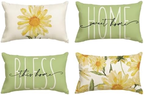 AVOIN colorlife Home Sweet Home Spring Summer Flowers Green Throw Pillow Covers, 12 x 20 Inch Cushion Case for Sofa Couch Set of 4 by AVOINcolorlife