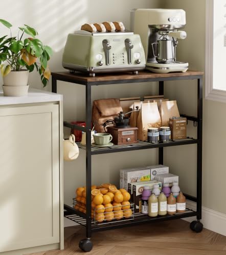 itchen Rolling Cart, 3-Tier Microwave Stand with Lockable Wheels, One-Piece Shelf, Kitchen Utility Storage Cart for Coffee Bar,Apartment, Dorm, Laundry Room, Office, 23.6" x 15.7" x 27.6", Brown by Unknown