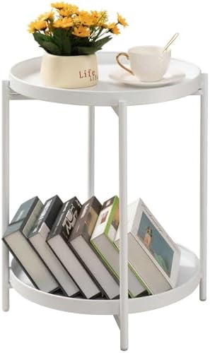 TeoKJ 2 Tier Round Side Table, Folding Round Metal End Table Small Nightstand with Two Removable Tray for Bedroom Living Room Bedside Small Spaces White by TeoKJ