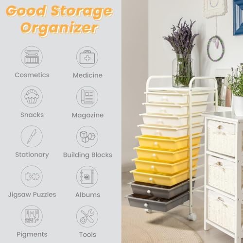 10-Drawer Rolling Storage Cart, Trolley w/Lockable 360° Wheels, 10 Removable PP Drawers, Sturdy Metal Frame, Rolling Utility Cart Perfect for Home, Office, Classroom (Yellow) - Image 4