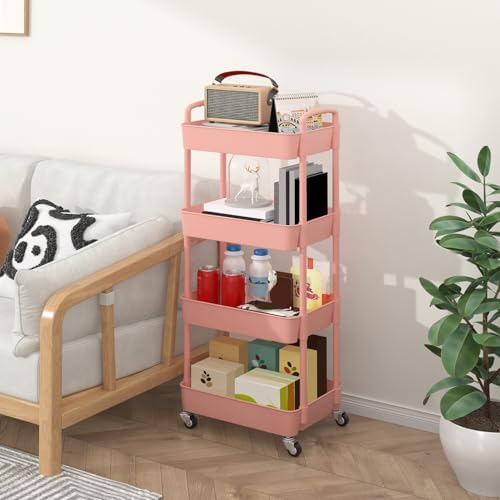 Sywhitta 4-Tier Plastic Rolling Utility Cart with Wheels for Storage, Pink - Image 6