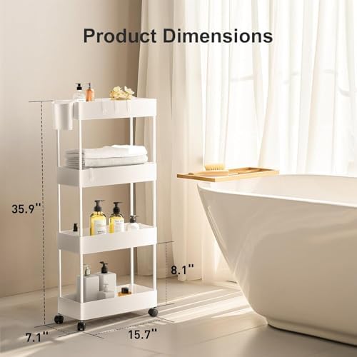 Pipishell 4 Tier Slim Storage Cart with Wheels, Laundry Cart, White - Image 2