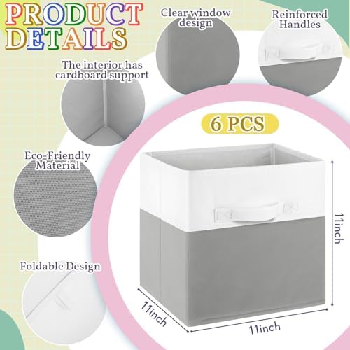 Yinder 6 Pcs Cube Storage Bin White Gray 10.5''x10.5''x11'' Storage Bins for Playroom Decor Colorful Bins for Kids Foldable Baskets for Nursery Organizer Boxes Fabric Boxes - Image 2