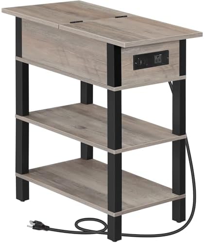 HOOBRO End Table with Charging Station, Flip Top Side Table with USB Ports, Narrow Nightstand Bedside Tables with Storage Shelves, for Small Space, Living Room,Greige and Black BG141UBZ01 by HOOBRO