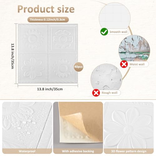 Nuanchu 40 Pcs 13.8 x 13.8 Inch Ceiling Tiles Peel and Stick, Fresh | Foam White 3D Wall Panels 26-105.5 Sq. ft Adhesive Glue up Waterproof Wallpaper for DIY Office Home - Image 2