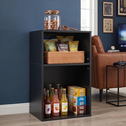 YAHARBO 2 Cube Bookshelf, Black Record Player Stand with Vinyl Storage Up to 100 Albums, Horizontal Book Shelf, Small Cubby Bookcase with Storage Organizer, Turntable Stand for Living Room, Bedroom - Image 2