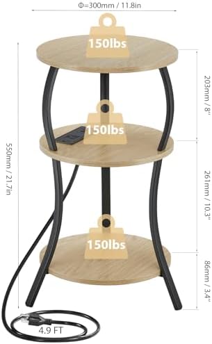 YEAKOO Small Side Table with Charging Station,3-Tier Round end Table - Image 3