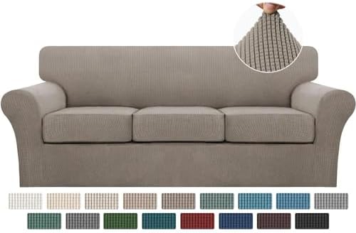 Turquoize 4 Piece Couch Covers for 3 Cushion Couch Sofa Pet Friendly Stretch Couch Cover for Dogs Washable Sofa Covers with Individual Couch Cushion Covers, Jacquard Fabric (3 Cushion Sofa, Taupe) by Turquoize