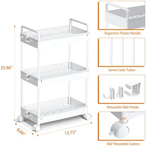 Ronlap 3 Tier Slim Rolling Storage Cart with Wheels Utility Organizer,White - Image 2