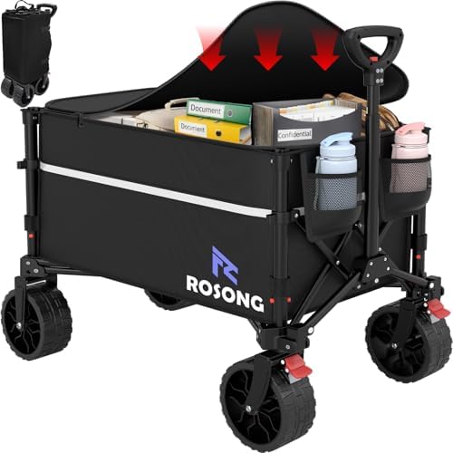 ROSONG Collapsible Wagon Cart with Wheels Foldable - Folding Utility Heavy Duty Wagons Carts for Grocery Sports Garden Shopping Camping Wheelbarrows (Black with Cover, 120L) by ROSONG