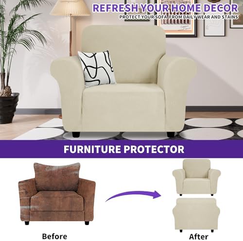ZNSAYOTX Super Stretch Chair Slipcover (30"-47"), New Striped Sofa Chair Covers for Living Room, Dogs Pet Friendly Anti-Slip Chair Protector Spandex Armchair Slipcovers (Khaki, Chair) - Image 2
